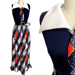 1970s red, white and blue maxi dress - size XS - S